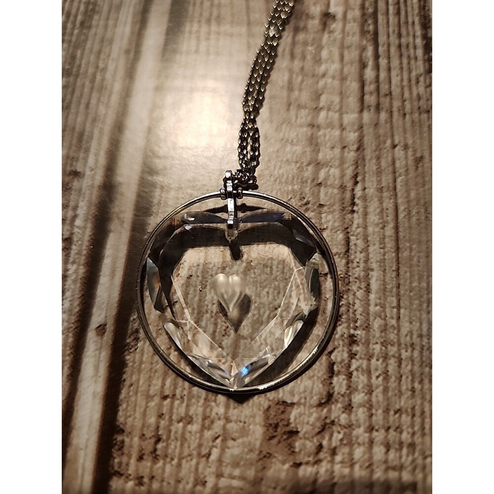 Crystal Floating Heart Pendant Necklace, Silvertone. - Picture 5 of 6